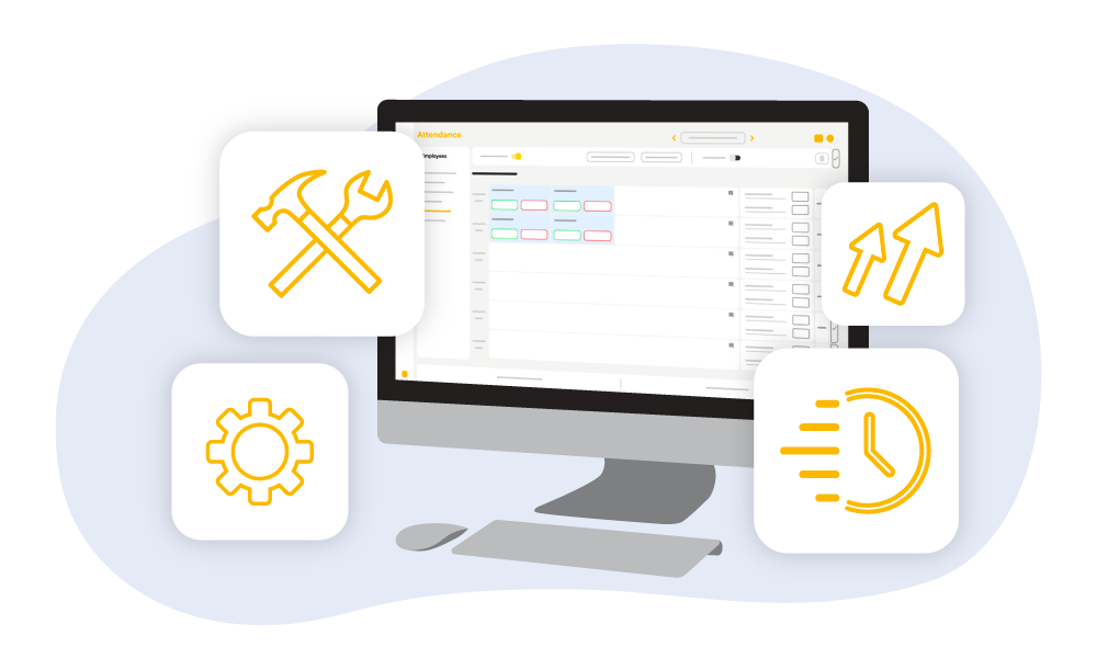 Computer with tool and settings icons around it to represent the software needs of enterprise businesses