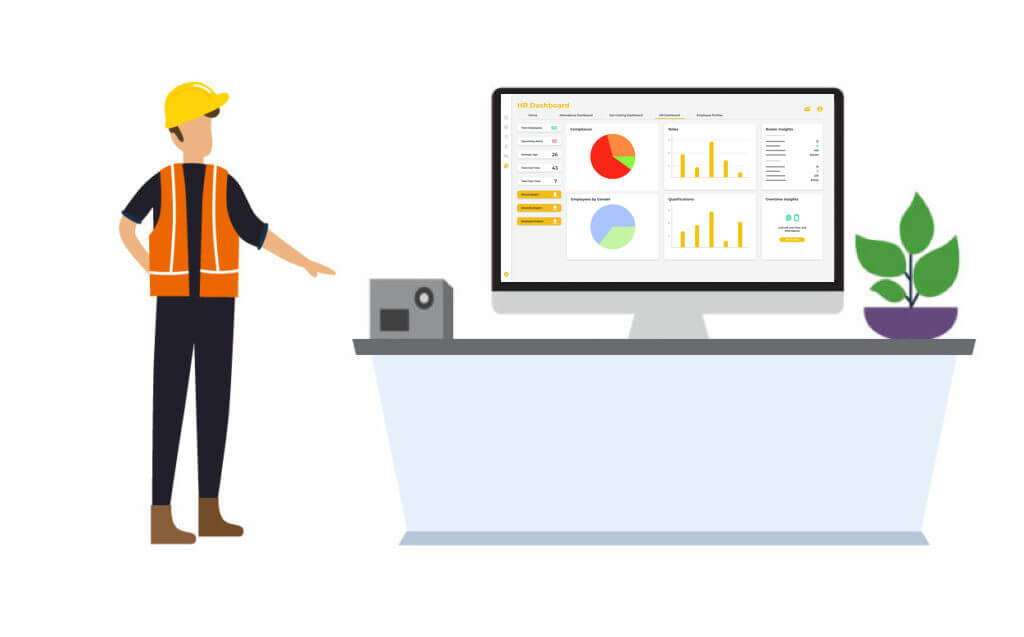 Man next to disk with biometric time clock and computer with workforce management dashboards on it.