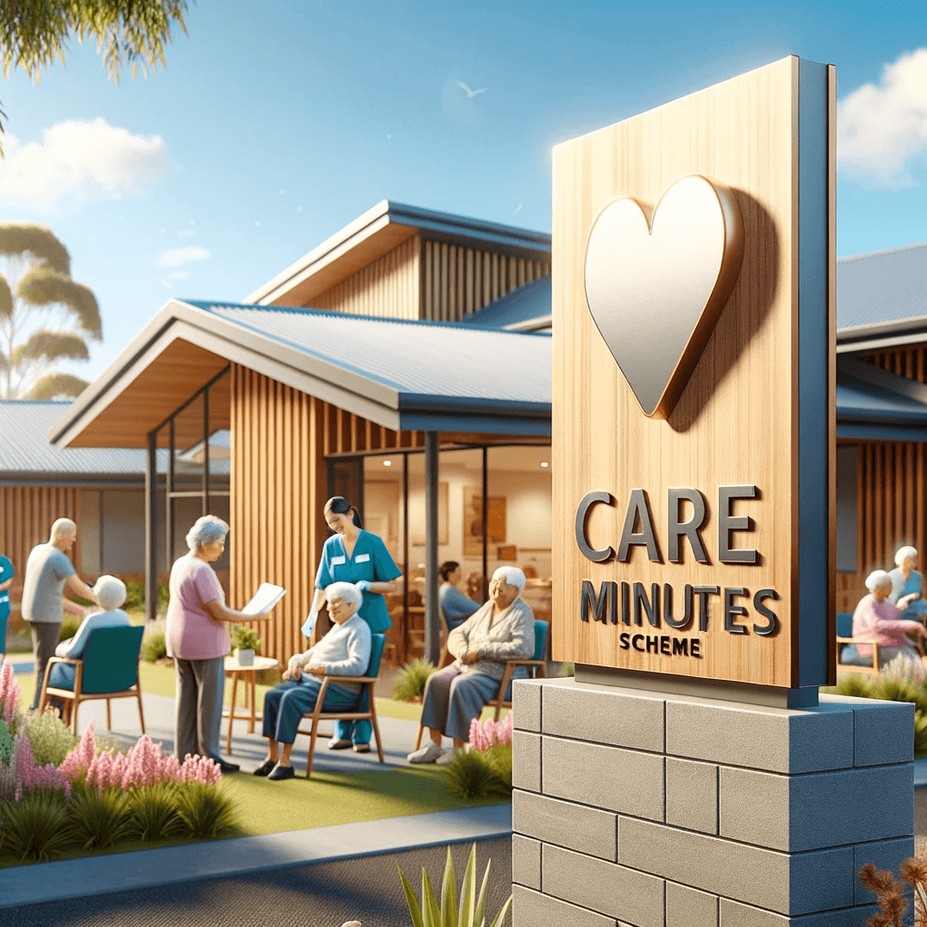 Photo-of-a-modern-aged-care-facility-in-Australia-with-a-clear-blue-sky-in-the-background.-Outside-elderly-residents-of-diverse-genders-and-descents