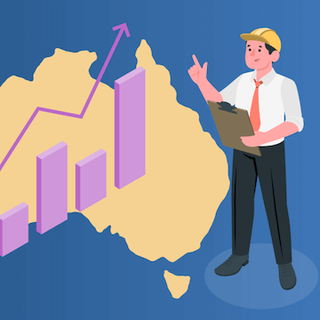 A cartoon man with a clipboard standing next to a map of Australia with a business growth chart on top of it