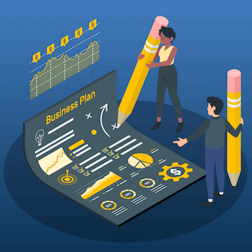 Two cartoon people with giant pencils drawing out a business plan