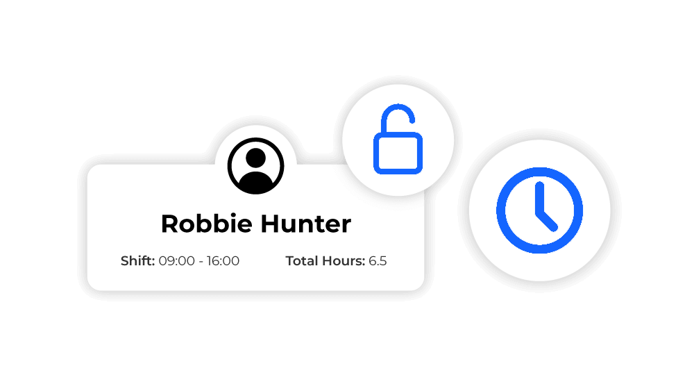 2.1-Employee-Profiles 3 Mobile App Profile Page. Pop outs include employee profile lock icon and clock icon.