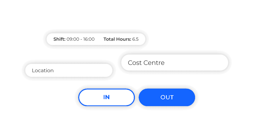 2.2-Punch-Board 3 Mobile App Punch Board. Clock in and out buttons and cost centre selectors.