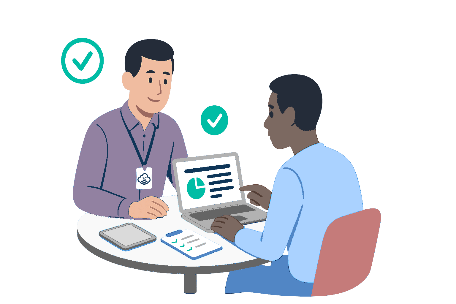 Cartoon image of a Timecloud Customer Implementation specialist helping a customer set up their Timecloud account