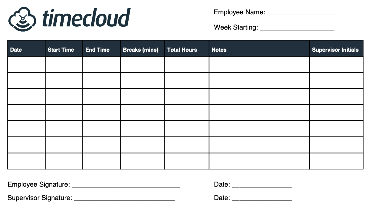 Timecloud Weekly Timesheet PDF Template Screenshot