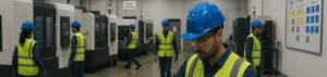 Manufacturing workers operating cnc machines. A kanban board is on the wall.
