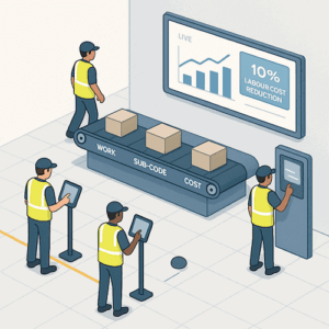 Manufacturing Line Labour Cost Reduction Cartoon with labour job cost dashboard on the wall