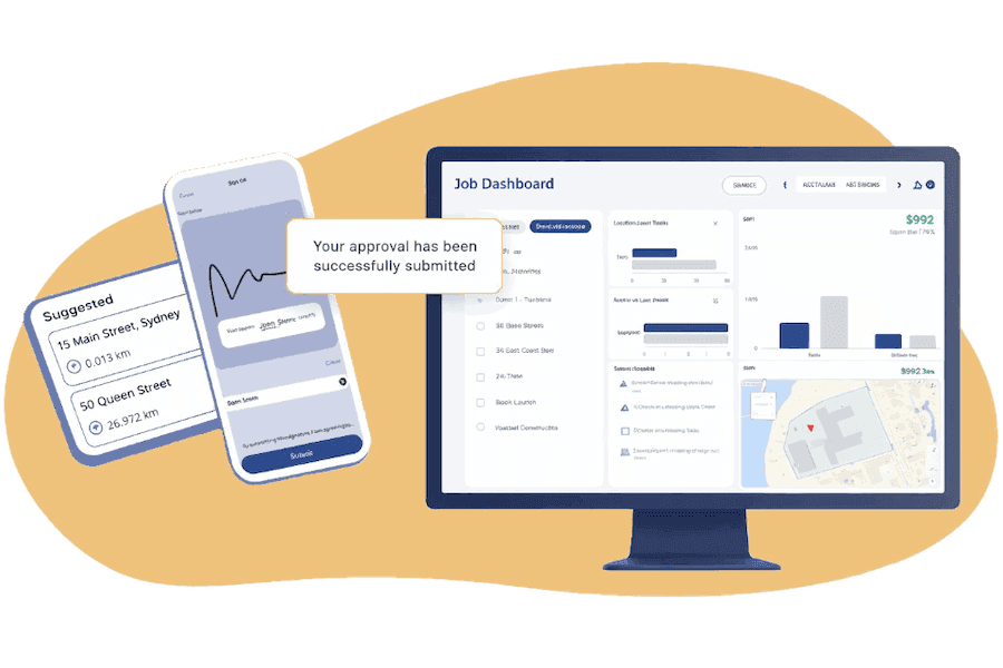 Timecloud Job Labour Costing Hero Image with Job Dashboard and Client Job Approvals