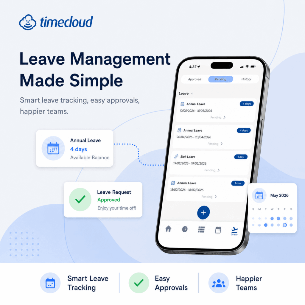 Timecloud leave management feature image showing a mobile app with leave requests, approvals, available balance and calendar details for managing employee leave without spreadsheets.