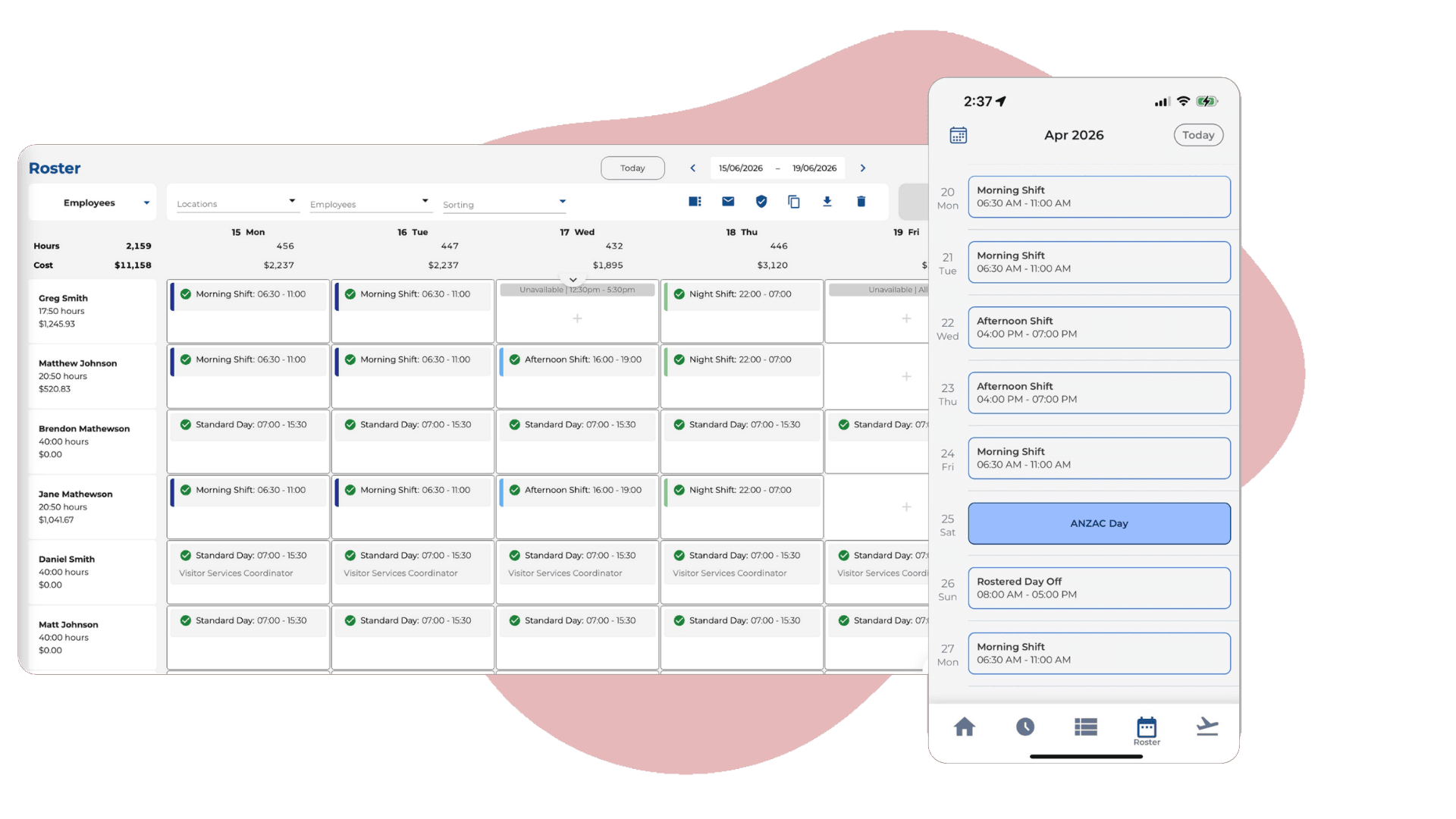 Timecloud Staff Rostering Hero Image. UI of roster in web app and mobile app on top of a pink blob.